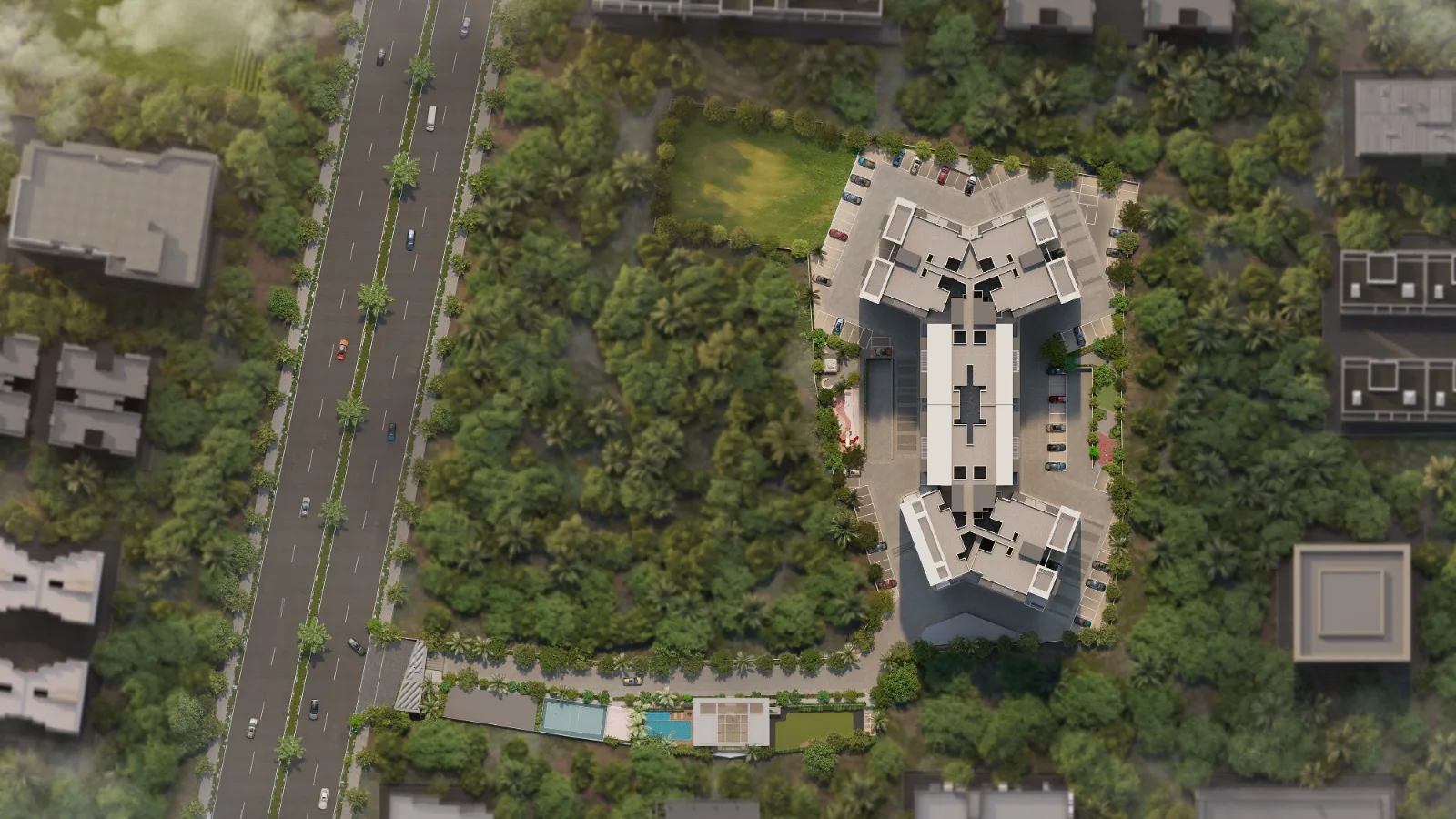 Aerial view of Mangalam Momento and landscaped surroundings